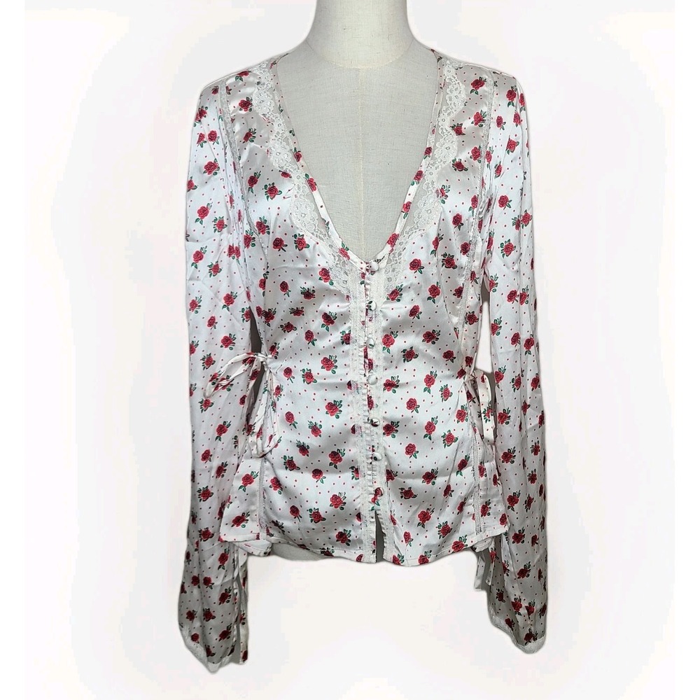 Free People Field Of Roses Satin Lace Top L Cream Red Coquette Peasant Blouse